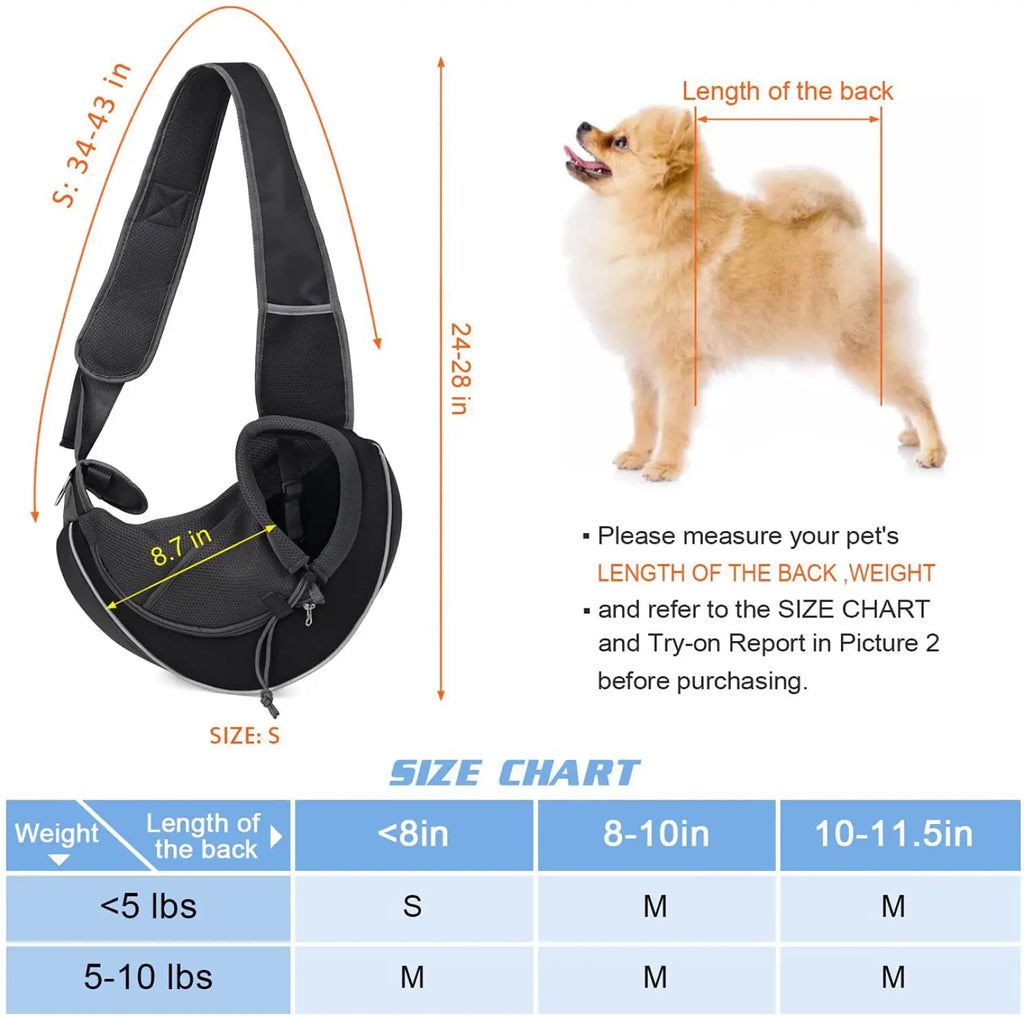 Black mesh and fabric pet carrier sling bag with adjustable strap for small dogs and cats