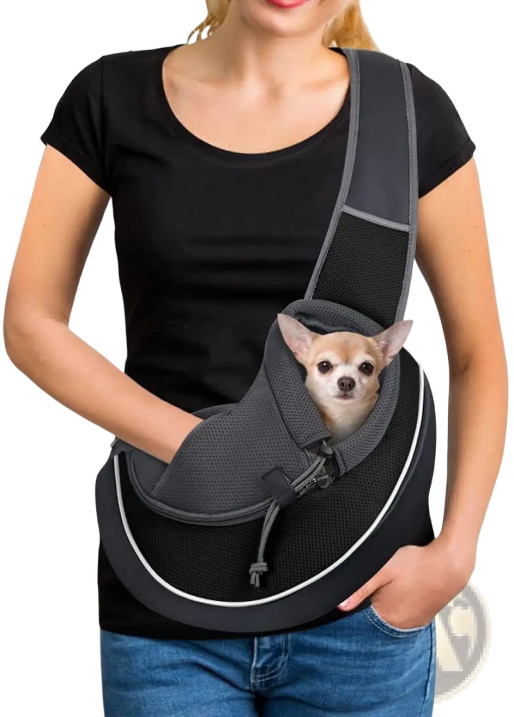 Gray mesh pet carrier sling bag with black trim and white piping designed for comfortable shoulder carry of small pets