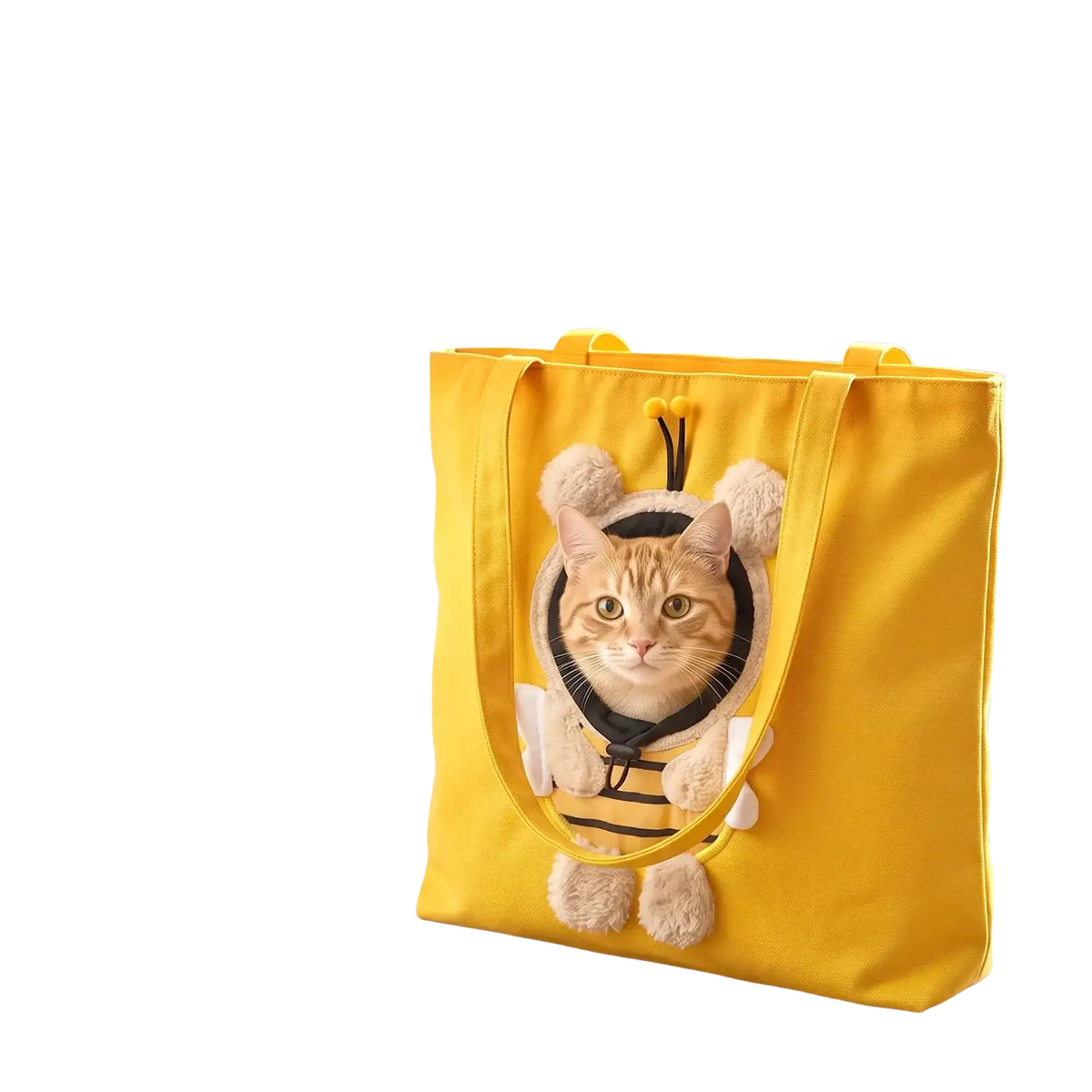 Bright yellow fabric travel bag for small dogs with plush bee design and safety buckle showing orange tabby cat inside