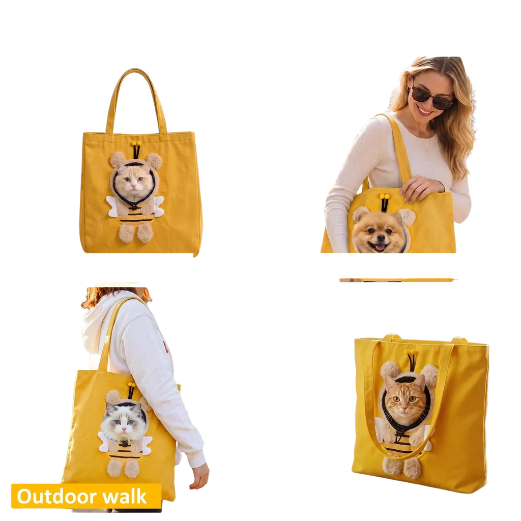 Bright yellow travel bag for small dogs with safety buckle featuring a plush bee and cat face window design