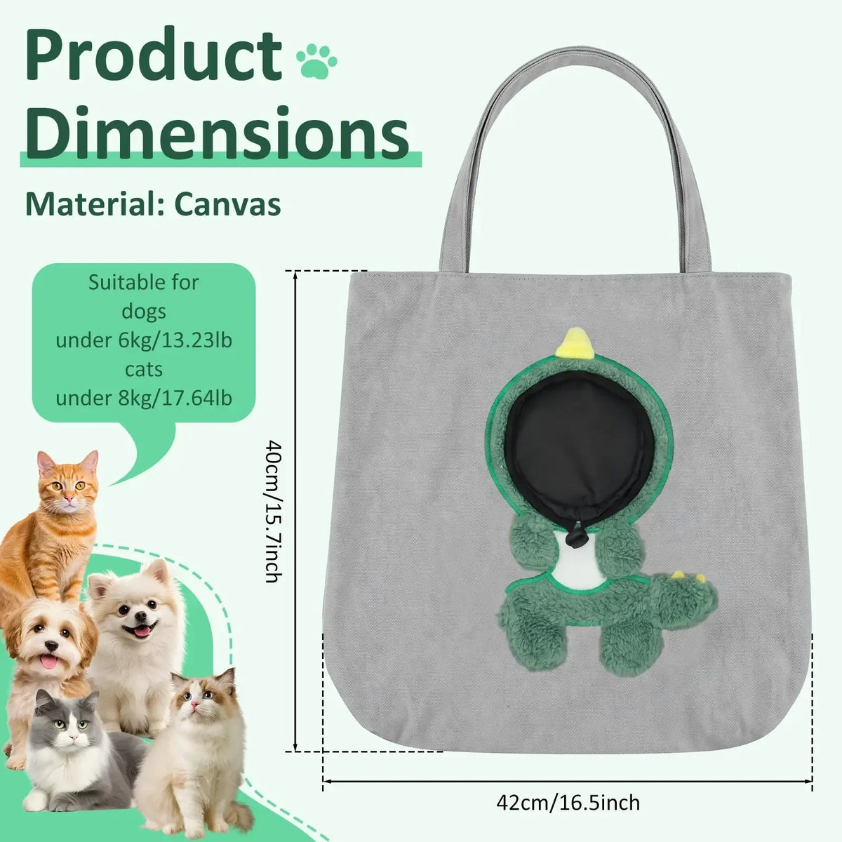 Gray canvas pet carrier travel bag for small dogs with plush green dinosaur design and safety buckle black interior