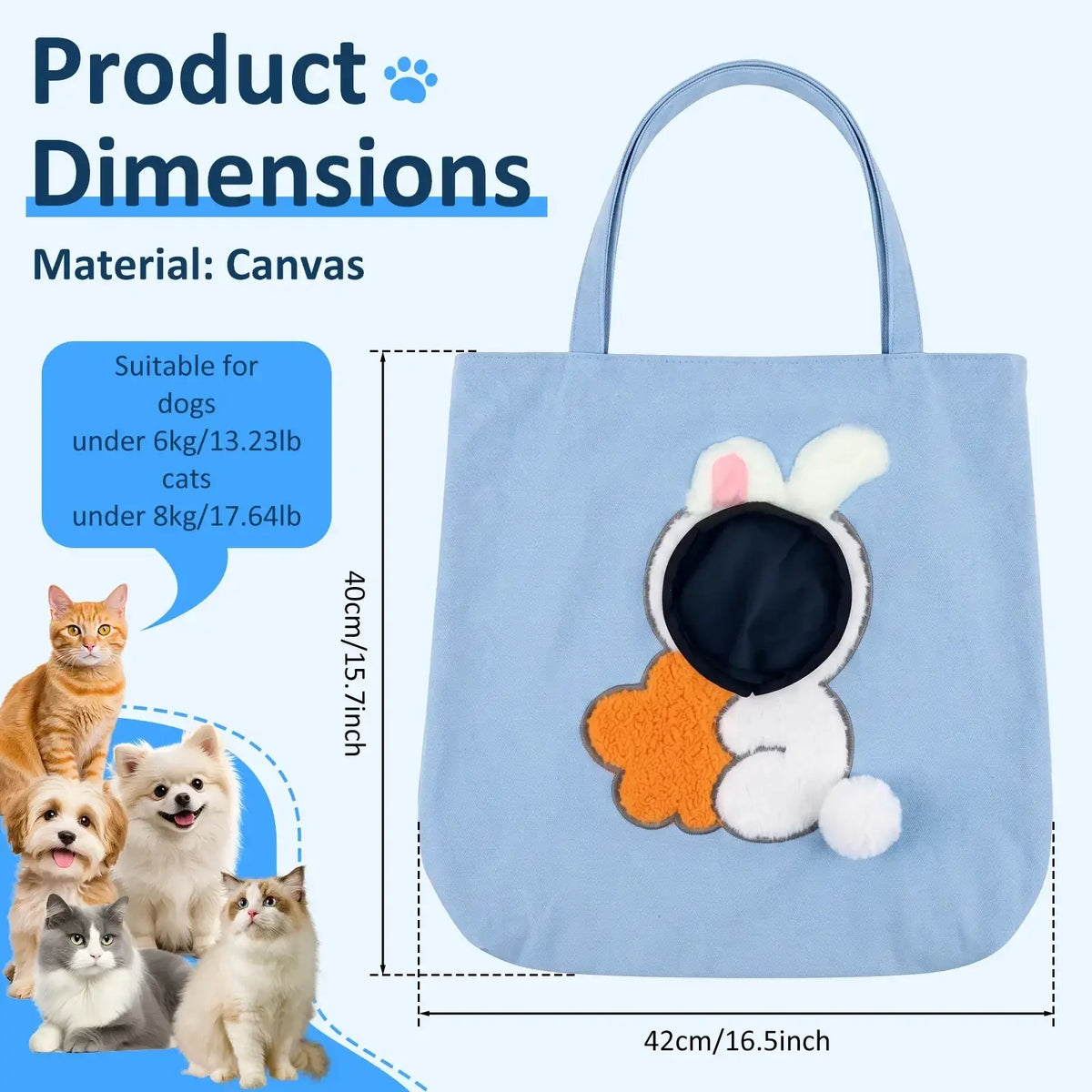 Light blue canvas travel bag for small dogs with safety buckle featuring a plush white bunny design for pets under 8kg