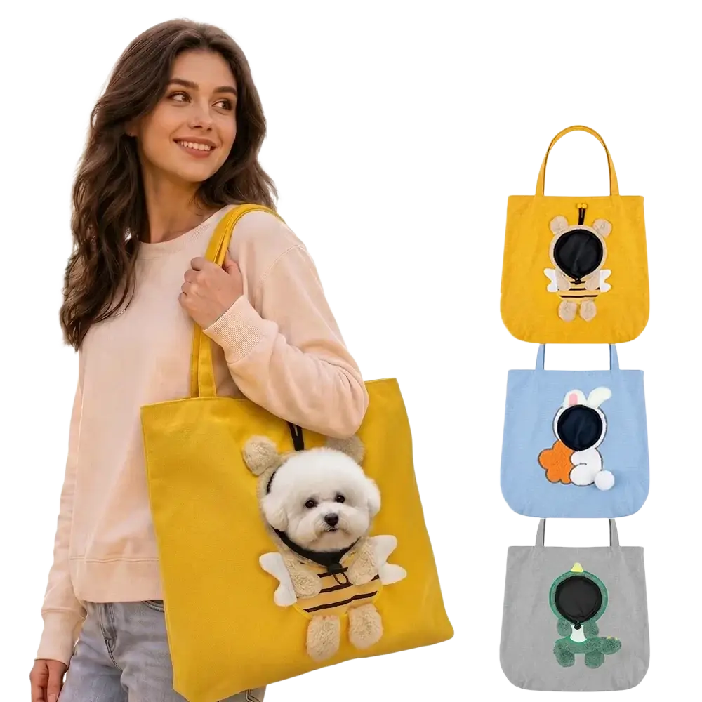 Yellow bee-themed travel bag for small dogs with plush appliqué and safety buckle featuring circular head opening