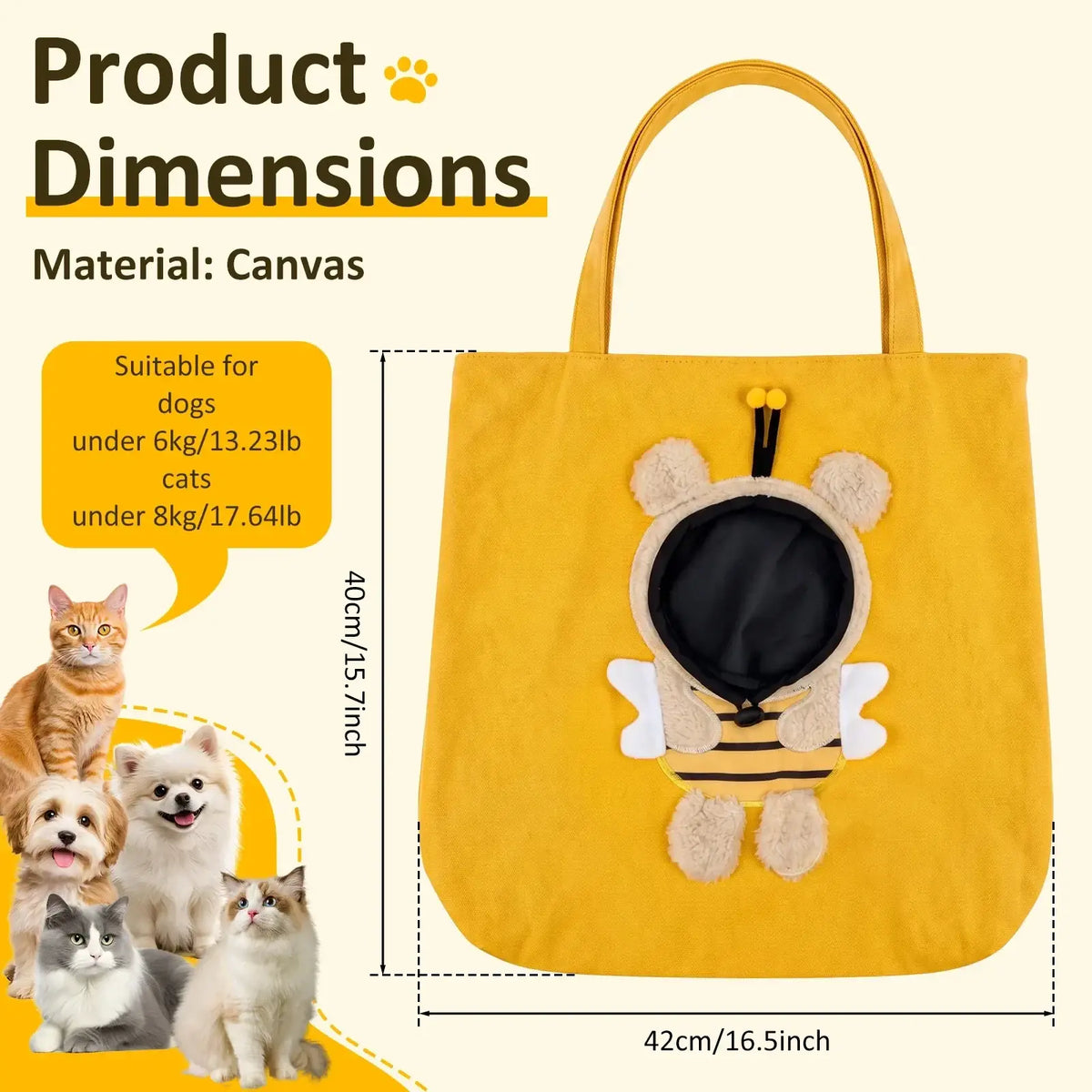 Yellow canvas travel bag for small dogs with plush bee design and safety buckle for secure pet carrying