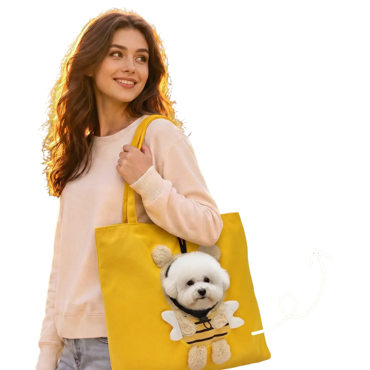 Yellow tote travel bag with plush bee design and safety buckle for carrying small dogs securely and comfortably