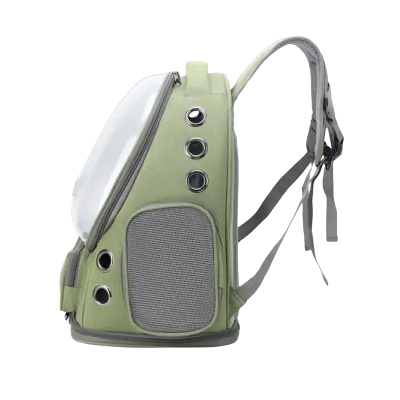 Olive green pet cat astronaut backpack with transparent dome top gray mesh ventilation and metal eyelets