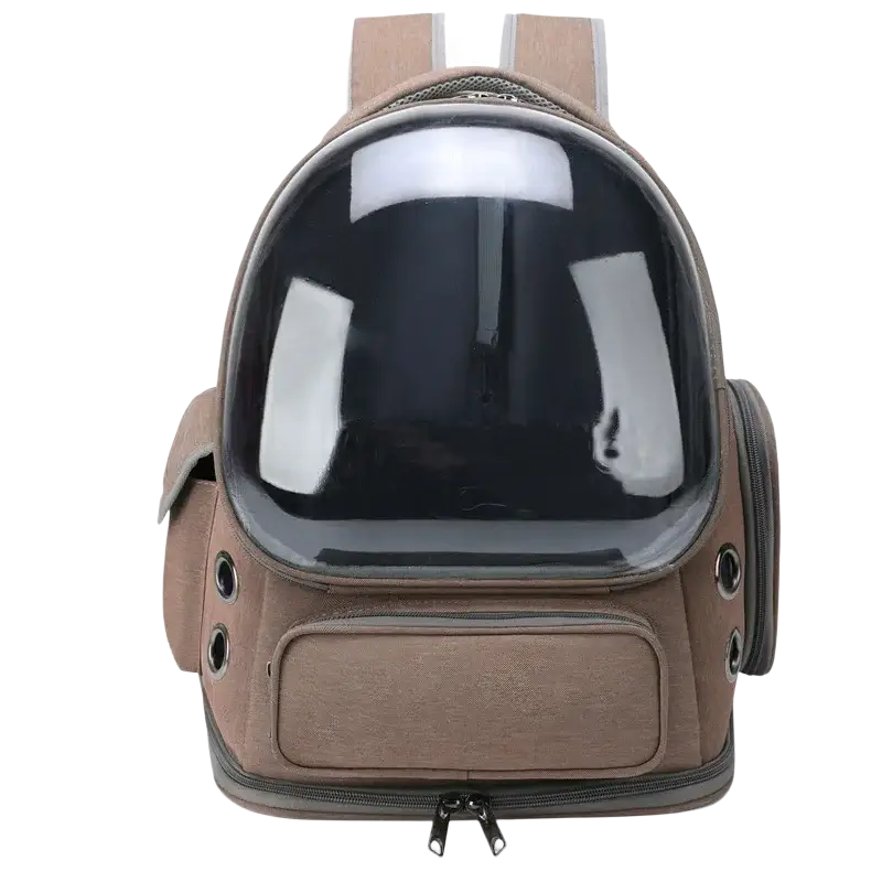 Brown pet cat astronaut backpack with transparent dome visor and fabric straps for safe pet transport