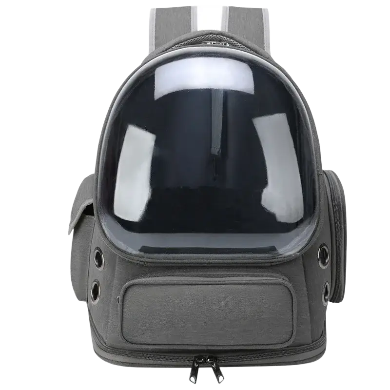 Gray pet cat astronaut backpack with transparent dome and black accents for safe and stylish pet transport