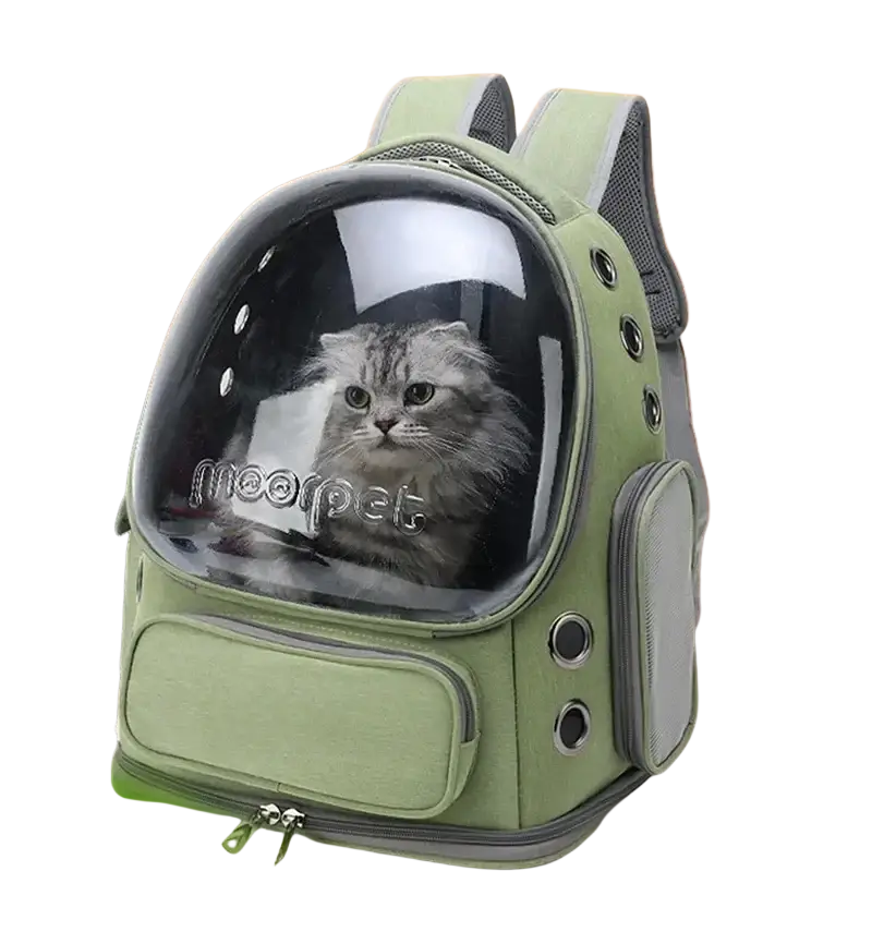 Olive green pet cat astronaut backpack with clear dome and gray accents designed for safe pet travel