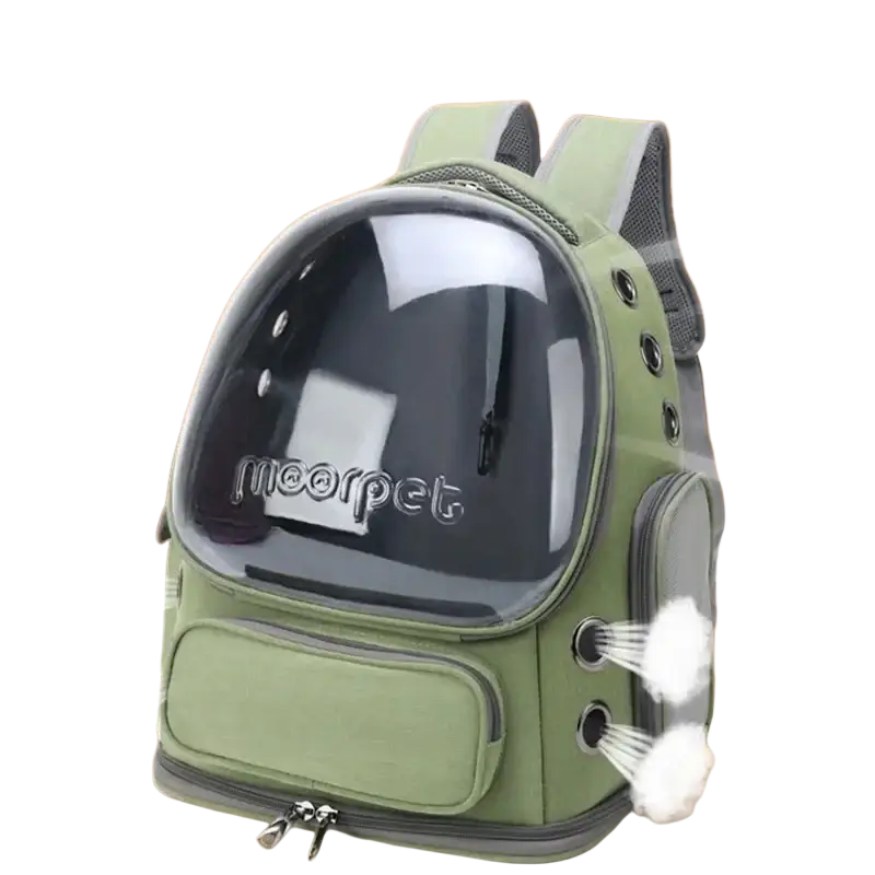 Olive green pet cat astronaut backpack with transparent dome and ventilation holes for comfortable travel