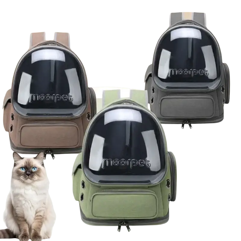 Olive green pet cat astronaut backpack with transparent dome and moorpet branding for safe travel