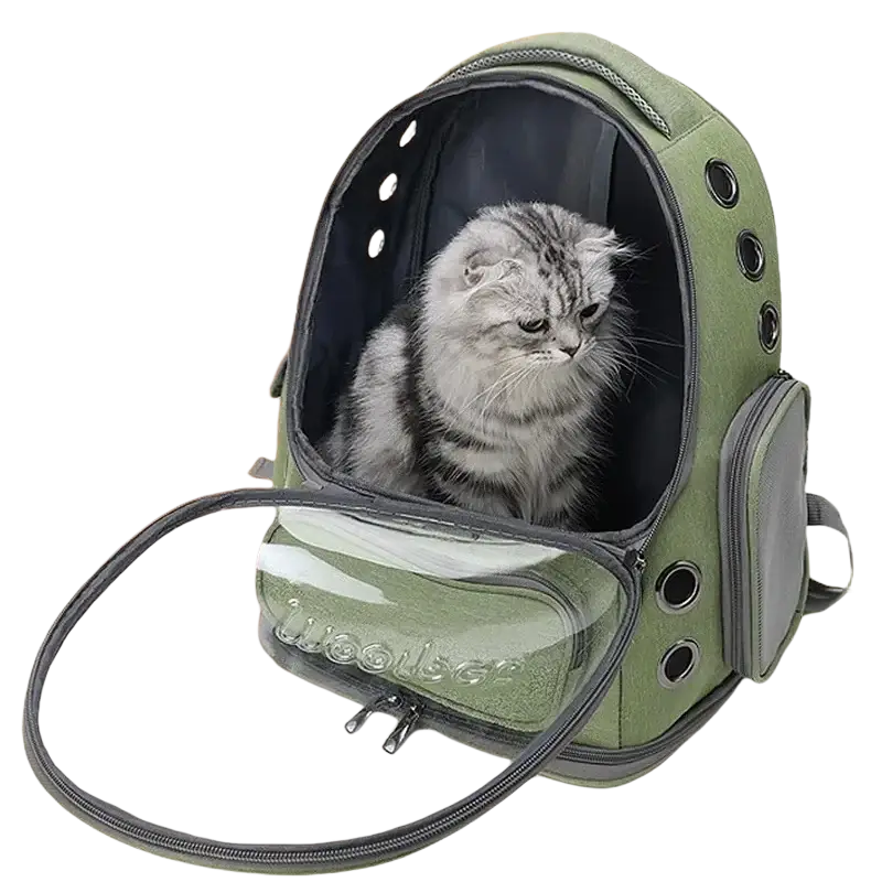 Olive green pet cat astronaut backpack with transparent front panel and black circular vents for ventilation