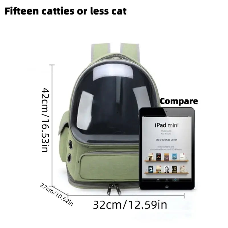 Olive green pet cat astronaut backpack with transparent dome visor and black trim for safe travel