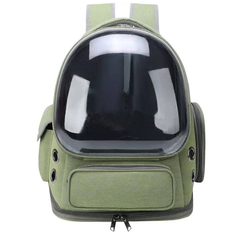 Olive green pet cat astronaut backpack with transparent dome and black zipper accents for safe travel