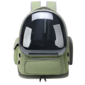Olive green pet cat astronaut backpack with transparent dome and black zipper accents for safe travel