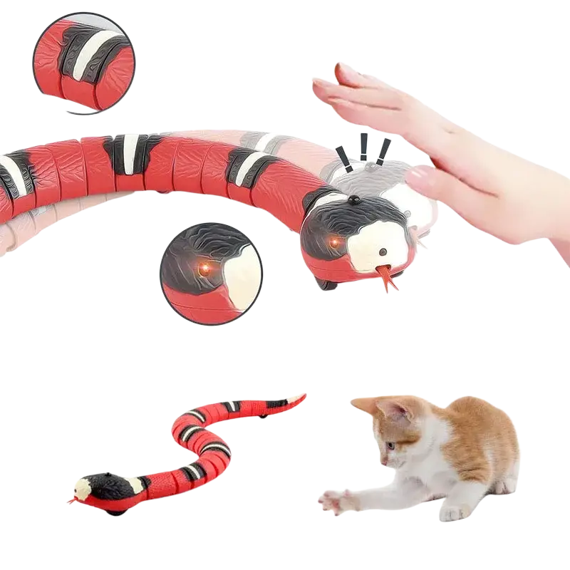 Red and black segmented robotic snake pet cat toy with glowing eyes and retractable tongue interactive cat toys