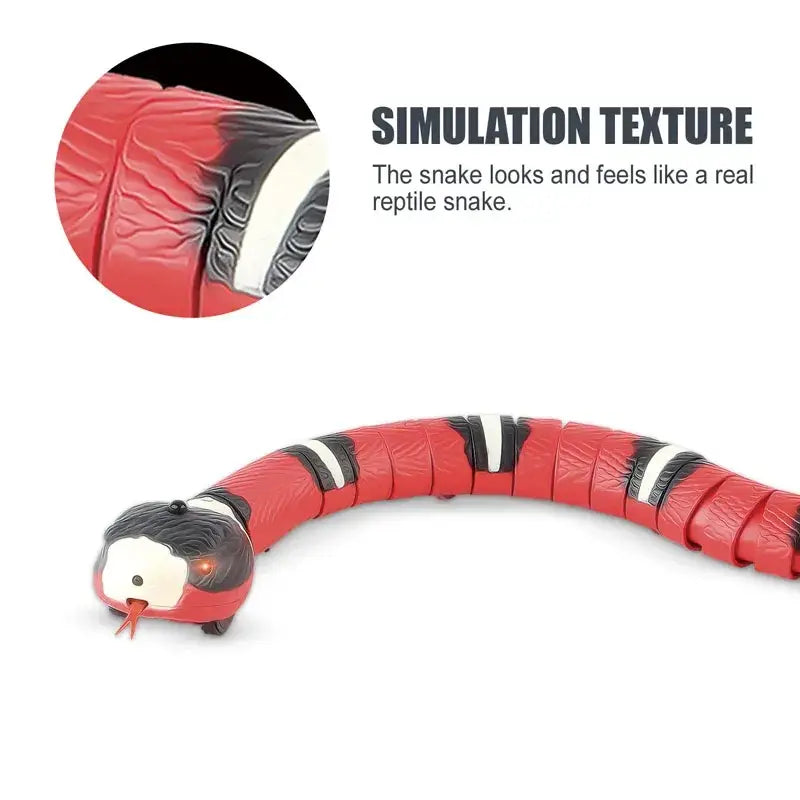 Interactive pet cat toys featuring a red and black segmented robotic snake with realistic reptile texture for cats