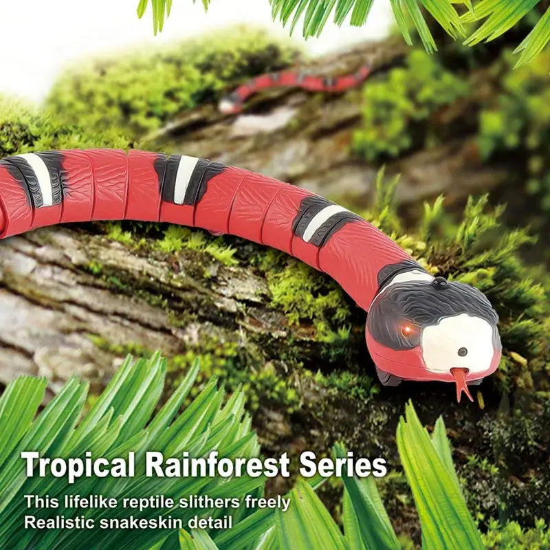 Red and black interactive robotic snake with white stripes and glowing eyes designed as pet cat toys for smart sensing play