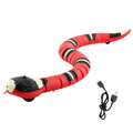 Red and black interactive robotic snake pet cat toy with white stripes textured plastic body and small wheels for movement