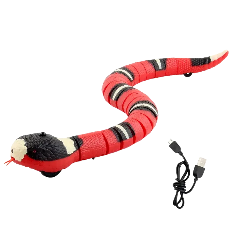 Red and black interactive robotic snake pet cat toy with white stripes textured plastic body and small wheels for movement