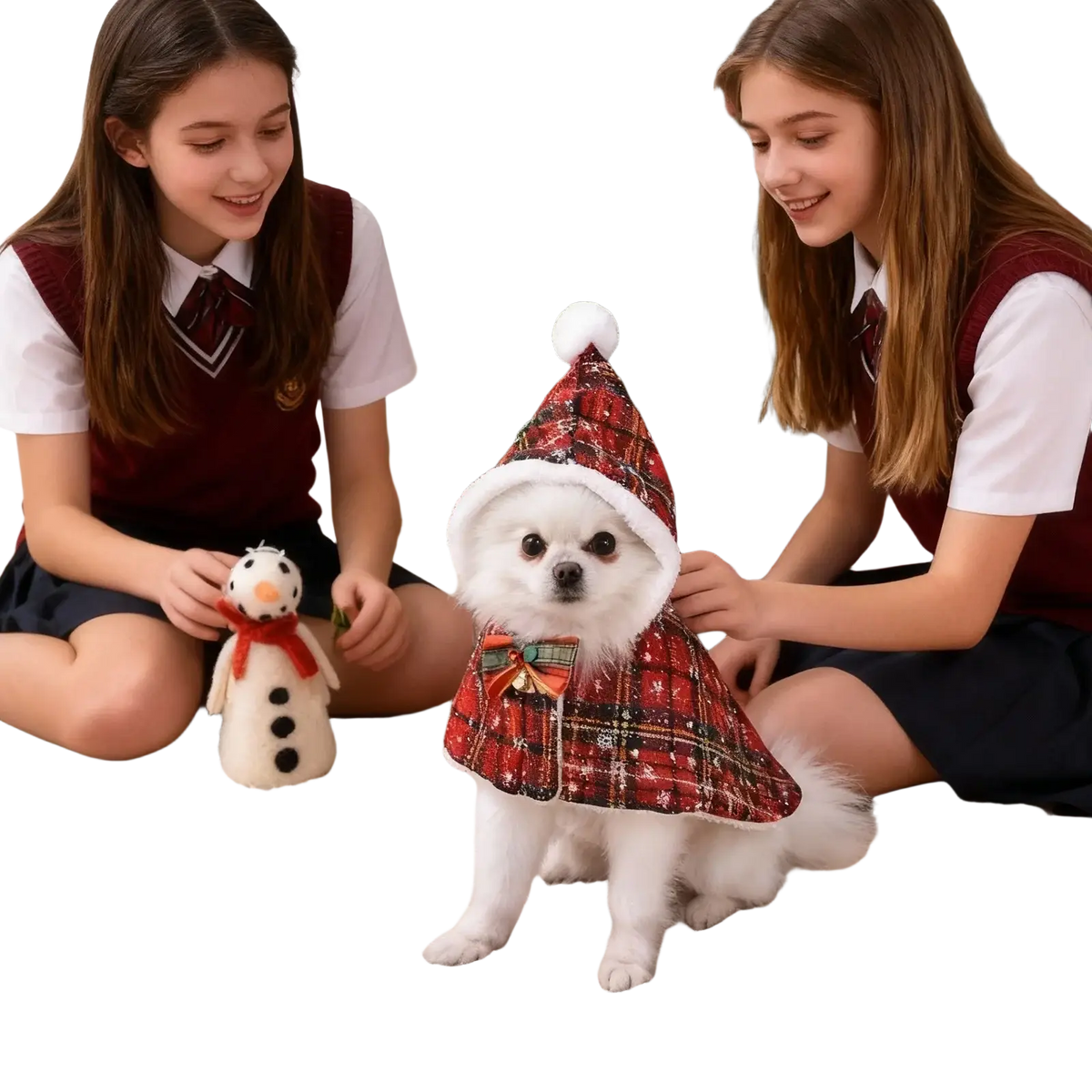 A fluffy white dog wearing a warm fleece pet christmas cape and matching red and black plaid santa hat