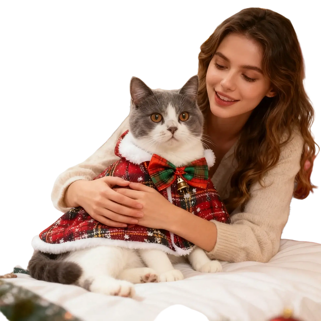 A gray and white cat wearing a warm fleece red plaid pet christmas cape with white fur trim and matching bell bow tie
