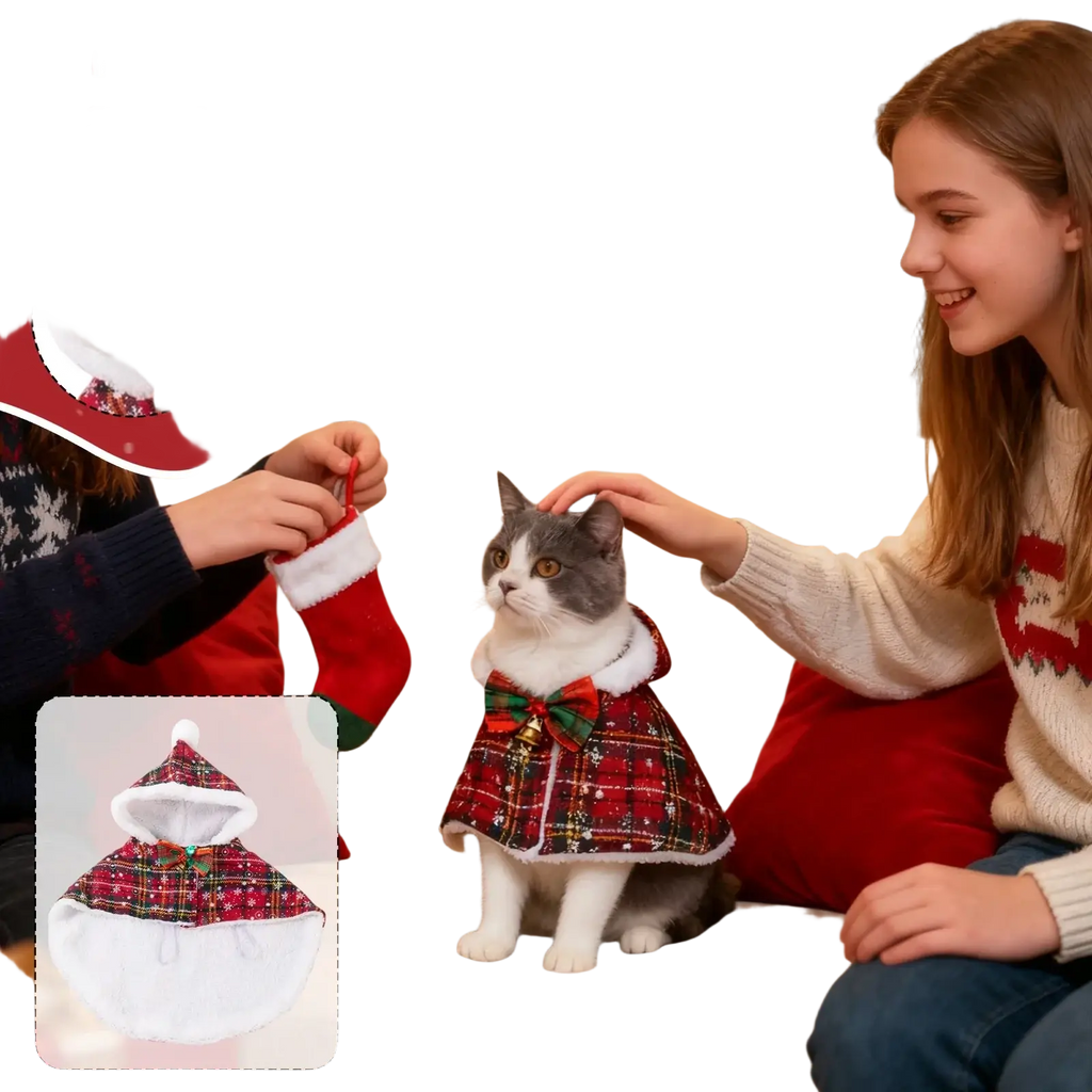 Red plaid pet christmas cape with white faux fur trim and green bow made of warm fleece for holiday use