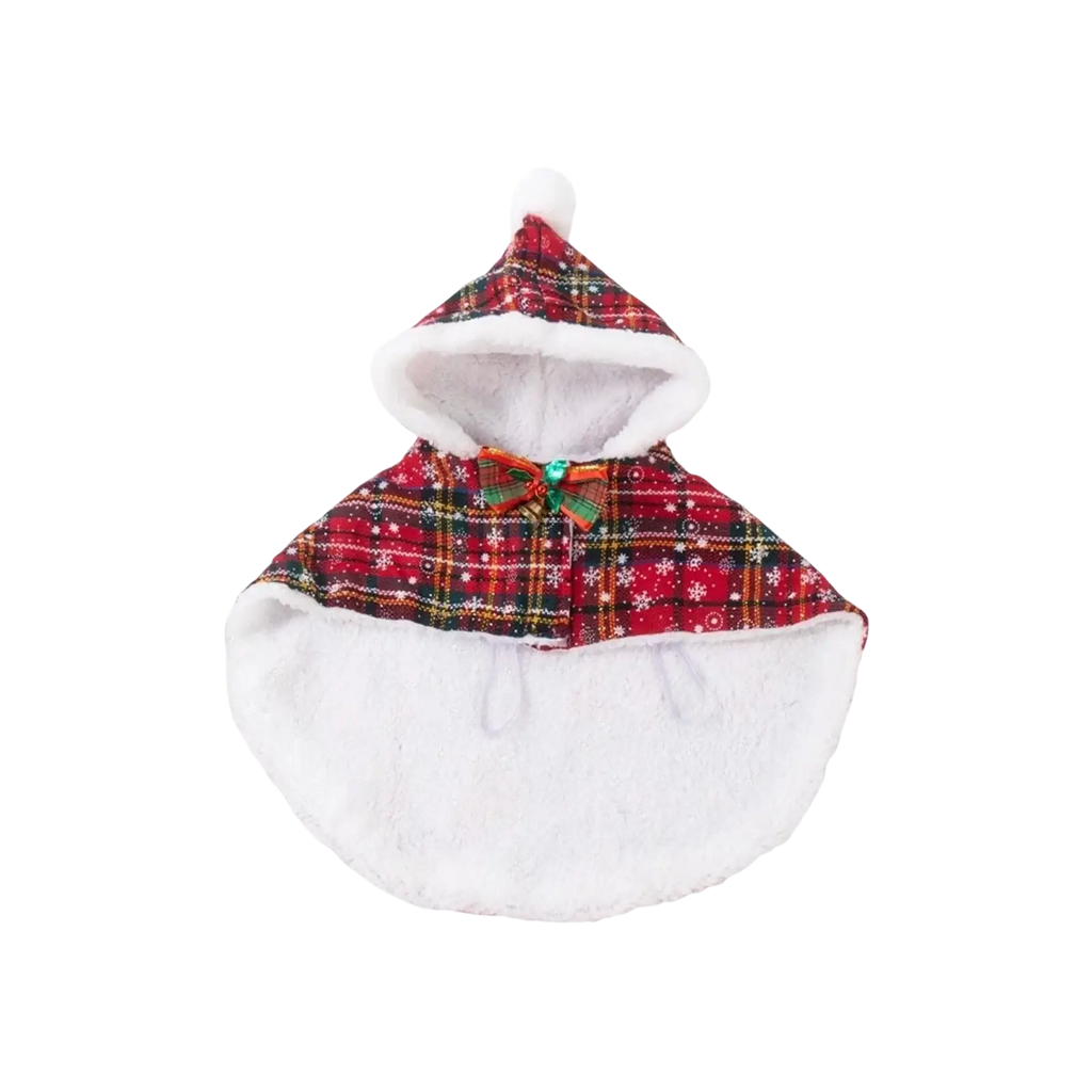 Red plaid pet christmas cape with white faux fur trim warm fleece and festive bow for holiday use