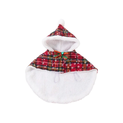 Red plaid pet christmas cape with white faux fur trim warm fleece and festive bow for holiday use