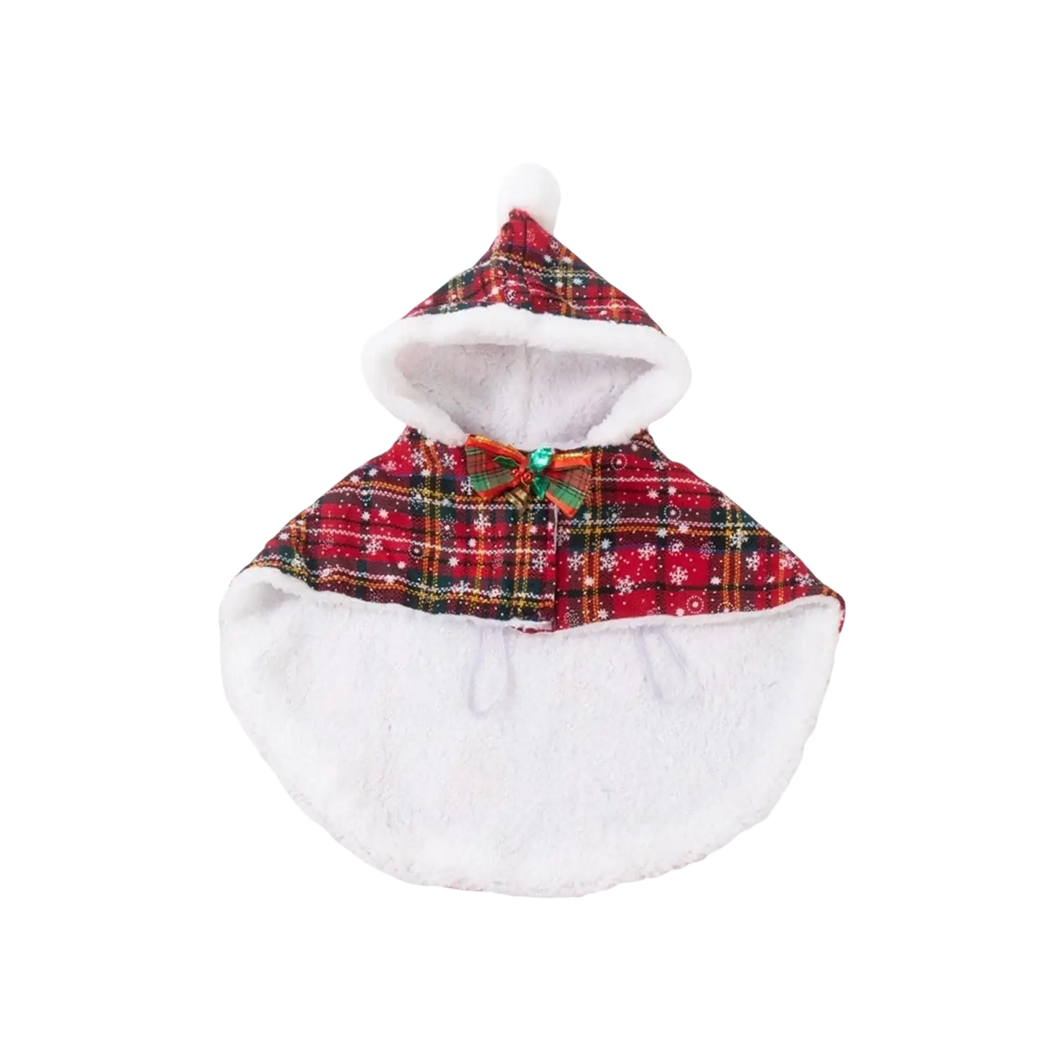 Red plaid pet christmas cape with white faux fur trim warm fleece and festive bow for holiday use