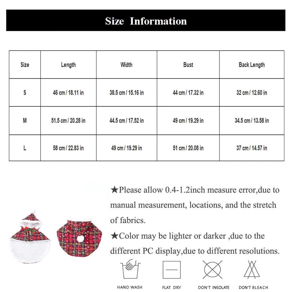 Red plaid pet christmas cape with white trim and festive hat detail made of warm fleece for holiday use