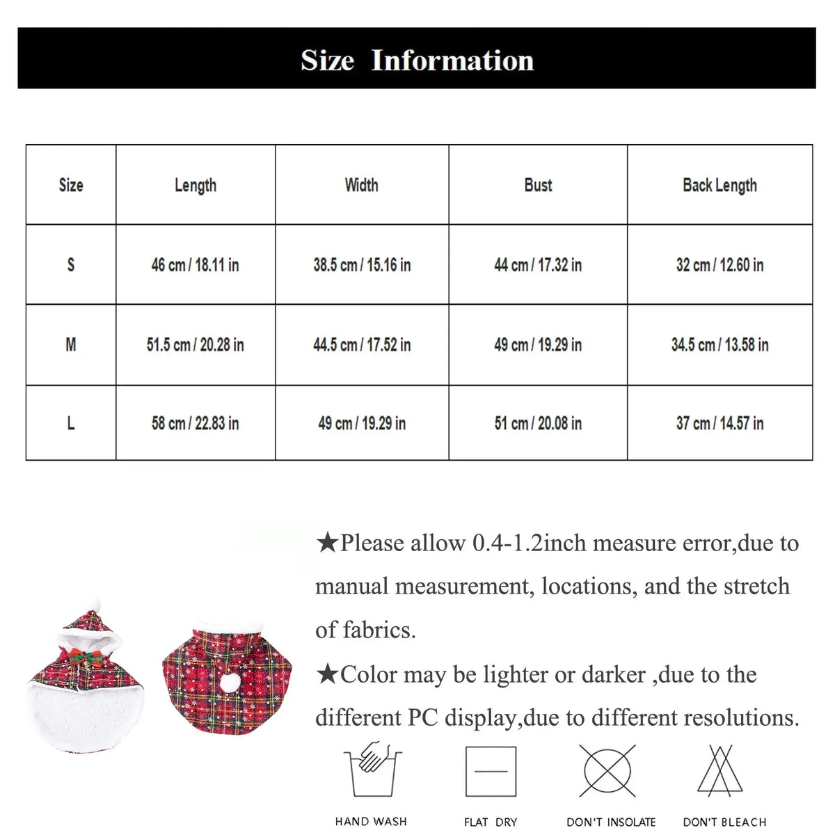 Red plaid pet christmas cape with white trim and festive hat detail made of warm fleece for holiday use