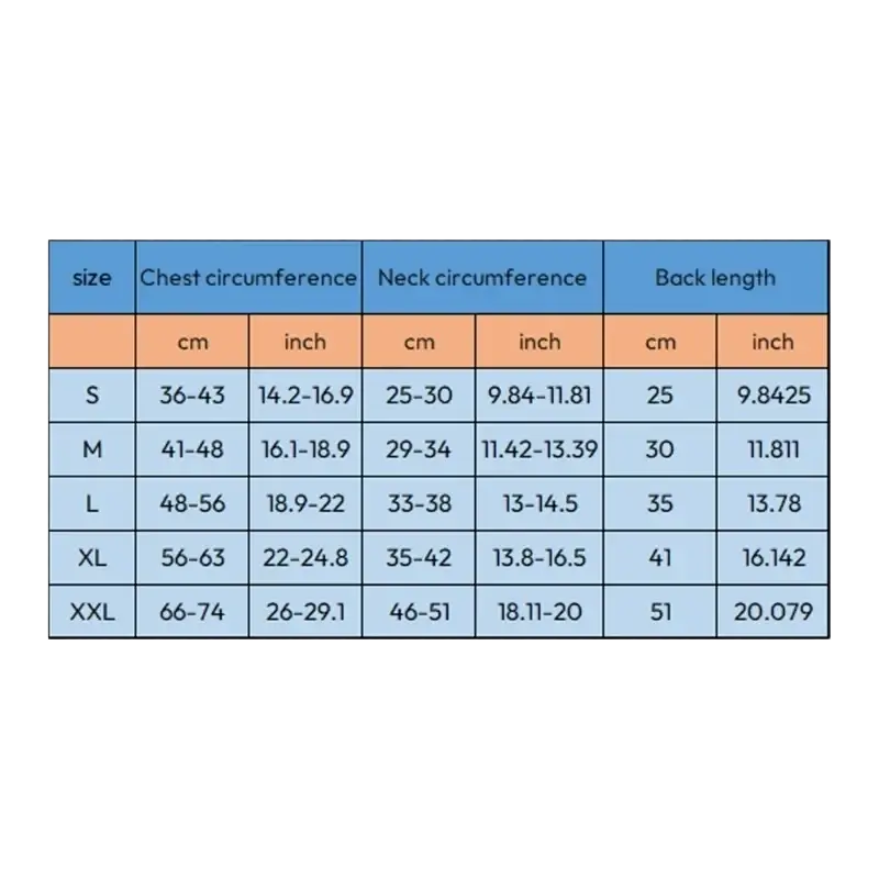 A size chart table with blue and orange headers showing chest neck and back measurements for large dogs pet clothing chicken costume polyester