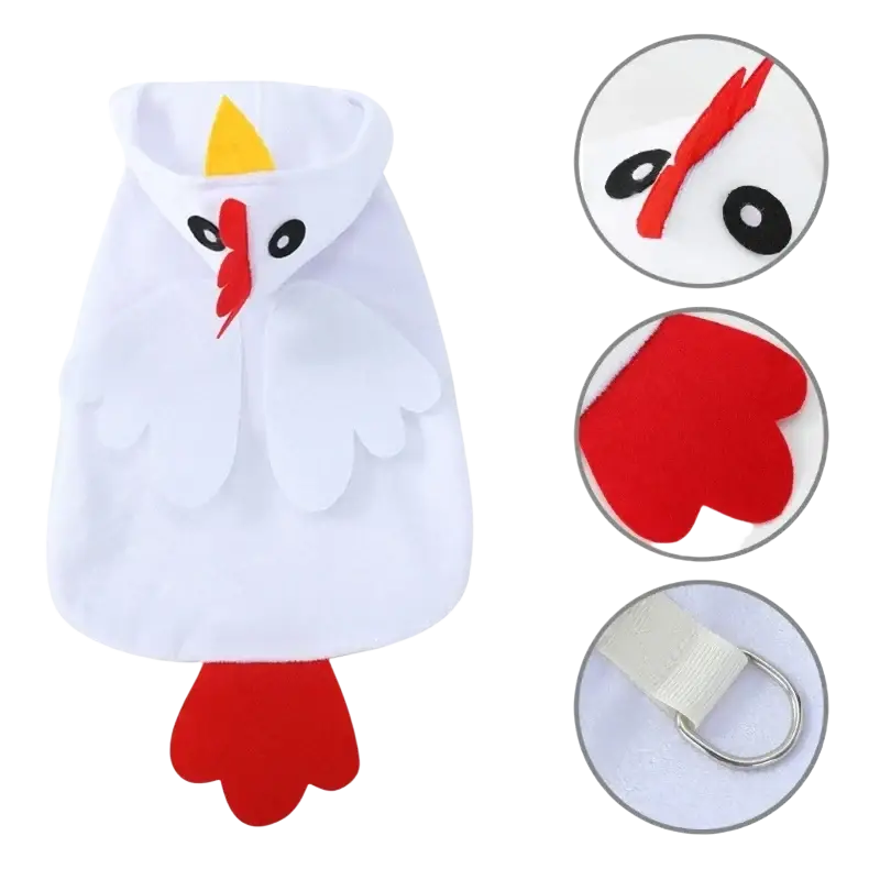 White felt chicken-shaped pet clothing vest for large dogs with red and yellow polyester accents