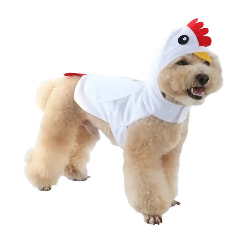 Pet clothing chicken costume for large dogs in white polyester with red comb and yellow beak design