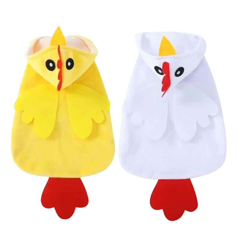 Yellow and white plush hooded chicken costume pet clothing with red feet and beak for large dogs polyester