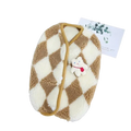 A cozy brown and cream diamond-patterned fleece puppy jumpsuit with a white teddy bear charm for pet clothing