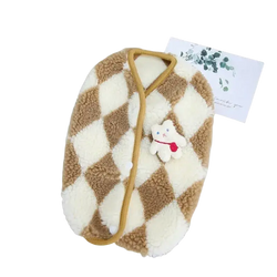 A cozy brown and cream diamond-patterned fleece puppy jumpsuit with a white teddy bear charm for pet clothing