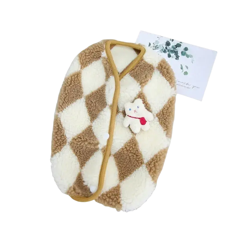 A cozy brown and cream diamond-patterned fleece puppy jumpsuit with a white teddy bear charm for pet clothing