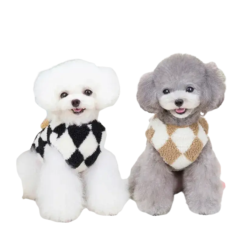 White and black checkered fleece puppy jumpsuit with fluffy texture for pet clothing in cold weather use