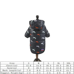 Black hooded puffer coat with white and orange dachshund pattern on mannequin for pet clothing use