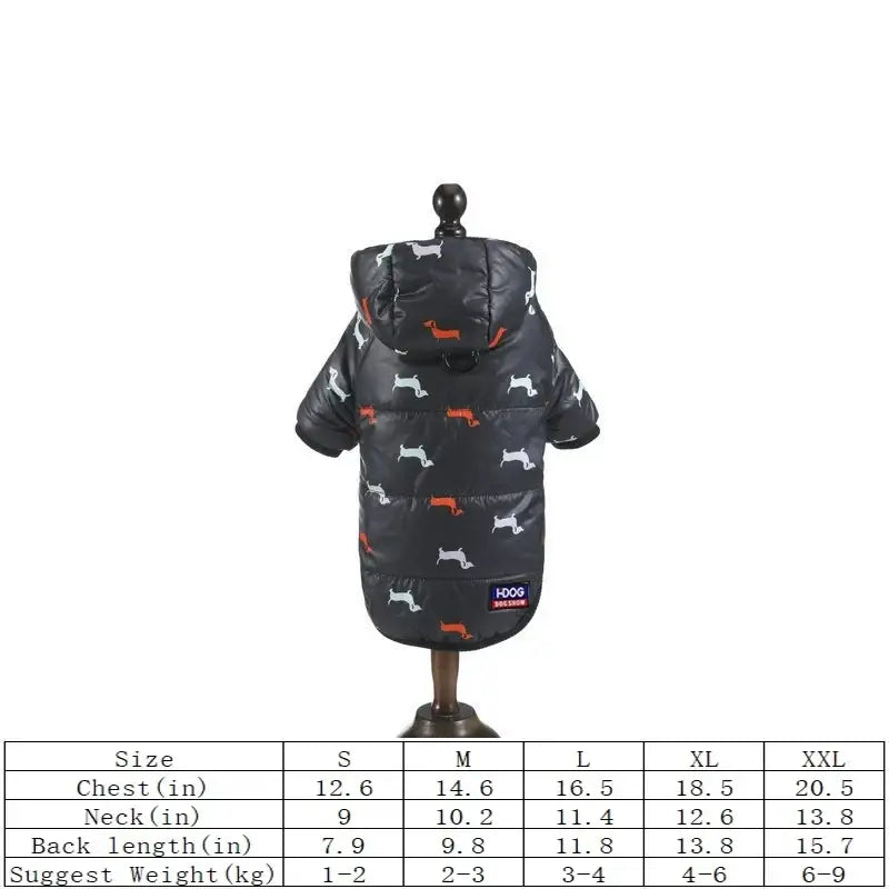 Black hooded puffer coat with white and orange dachshund pattern on mannequin for pet clothing use