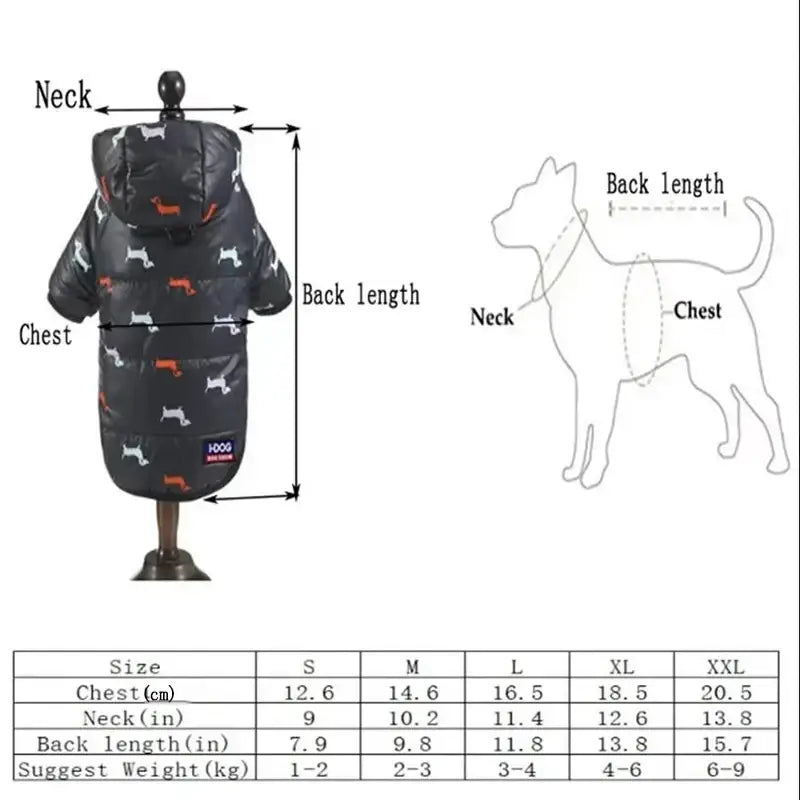 Black hooded puffer coat for dogs with white and orange dachshund prints pet clothing for cold weather