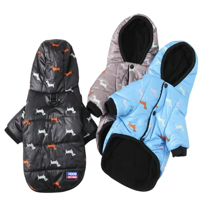 Pet clothing hooded dachshund puffer coats in black gray and blue featuring a playful dachshund pattern
