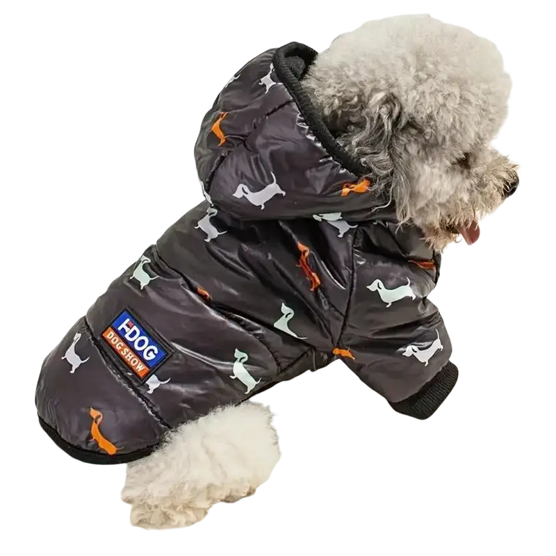 Dark gray hooded puffer coat with white and orange dachshund pattern designed as pet clothing for warmth and style