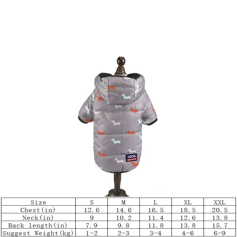 Gray hooded puffer coat for dogs with playful white and orange dachshund pattern pet clothing for warmth
