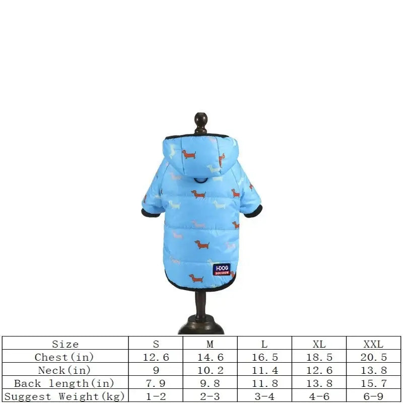 Light blue hooded puffer coat for dogs with playful dachshund pattern and black trim pet clothing accessory