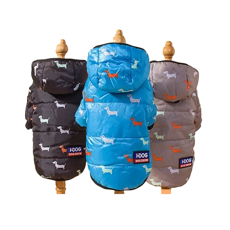 Three dachshund patterned hooded puffer coats for dogs in black, blue, and gray with orange and white accents pet clothing