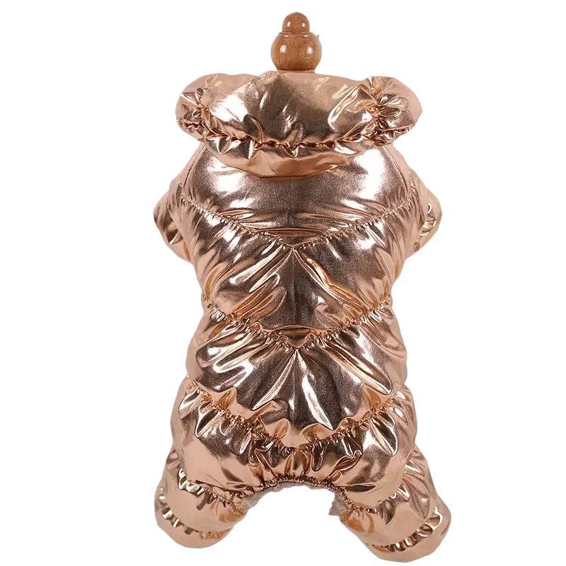 Rose gold metallic pet clothing puppy windproof coat with quilted panels and ruffled hems for winter warmth