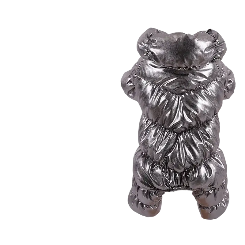 Shiny metallic silver puffer coat for pets with quilted sections and attached hood pet clothing puppy windproof apparel